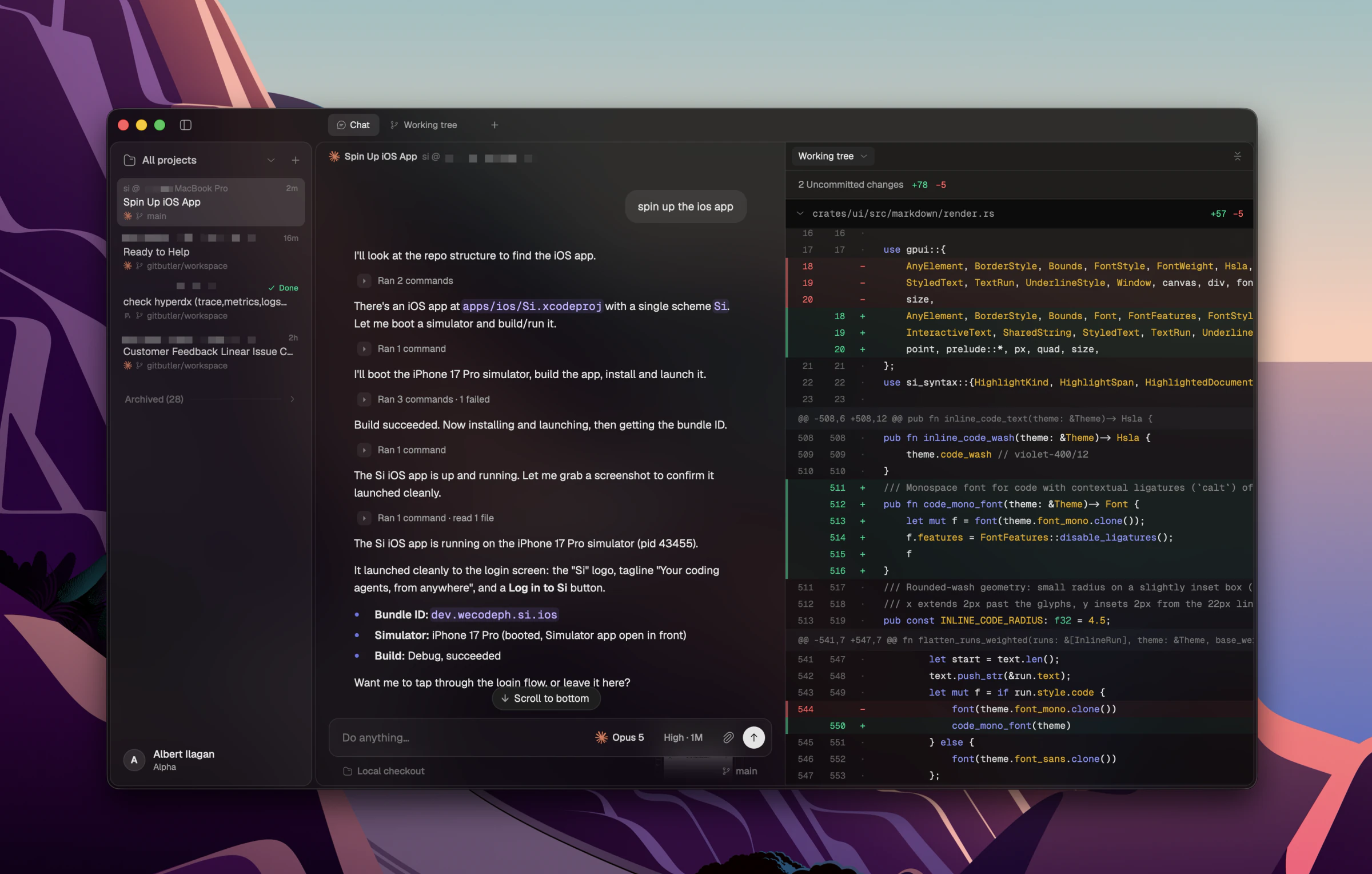 The Si app driving a coding agent session across sessions, transcript and a live diff